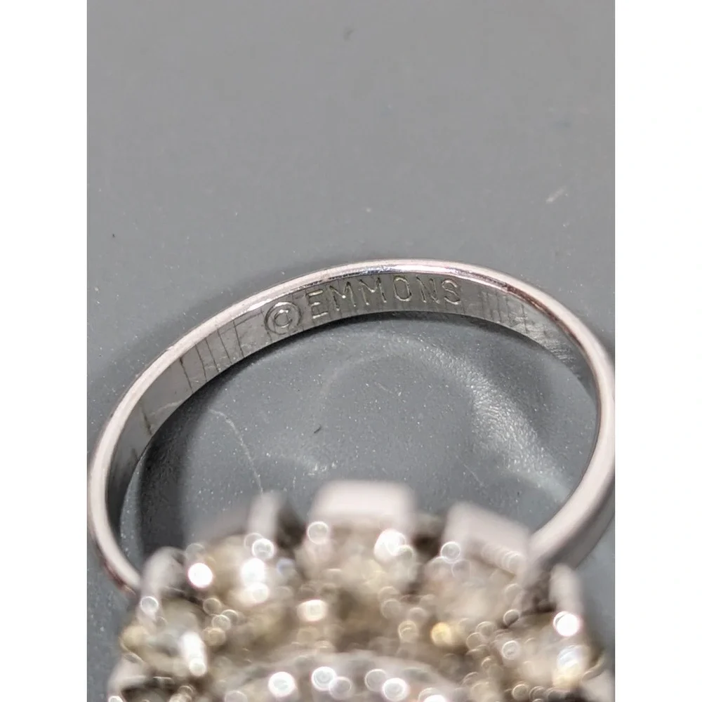 Vintage Emmons Cocktail Ring Silver Tone Round Rhinestone‎ Bold Size 7 Adjusts